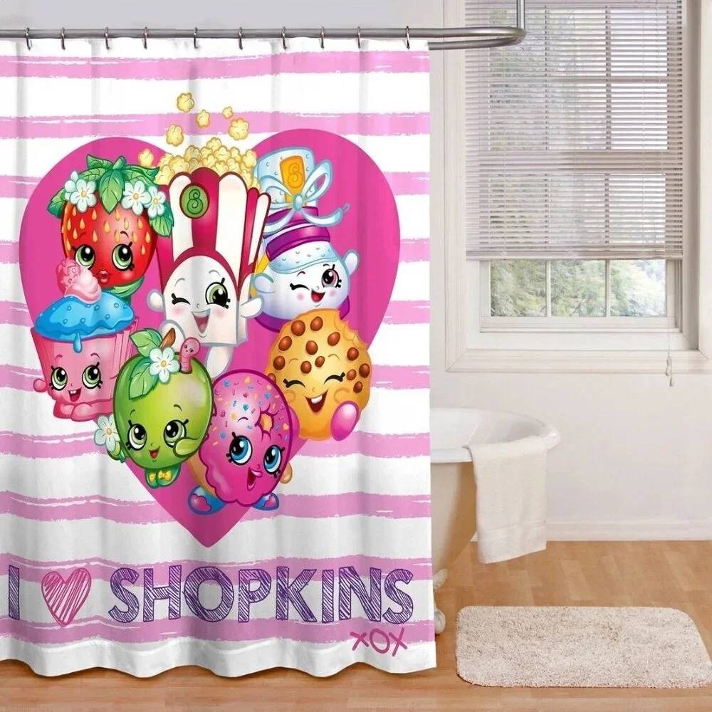 Shopkins‎ Shower Curtain Kids 72x72 Pink White Striped Heart Character Fabric